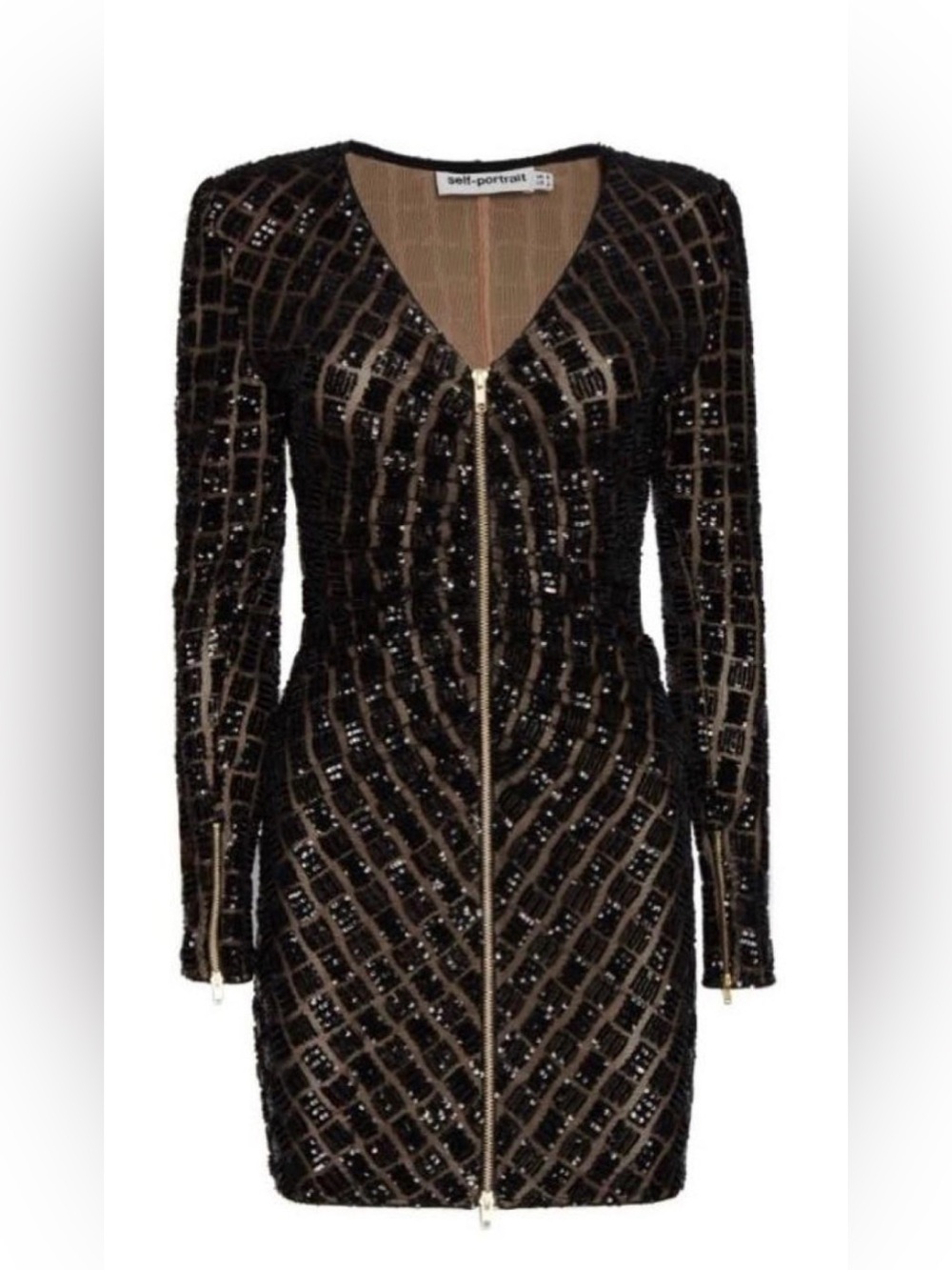 Self-Portrait Black Sequin Zip-Front Long-Sleeve Mini Dress with Gold Hardware